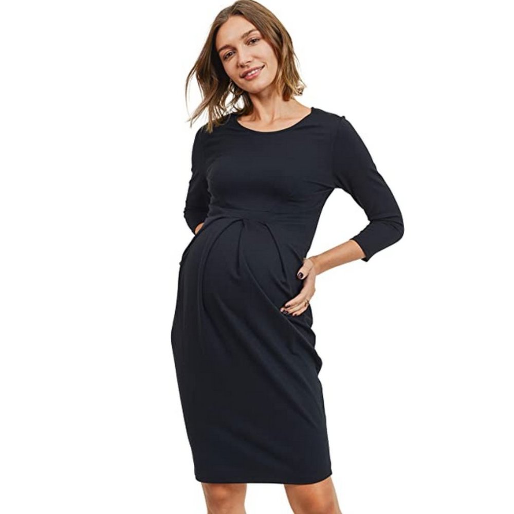 LaClef Women's Knee Length Midi Maternity Dress with Front Pleat - 3/4 Sleeve M